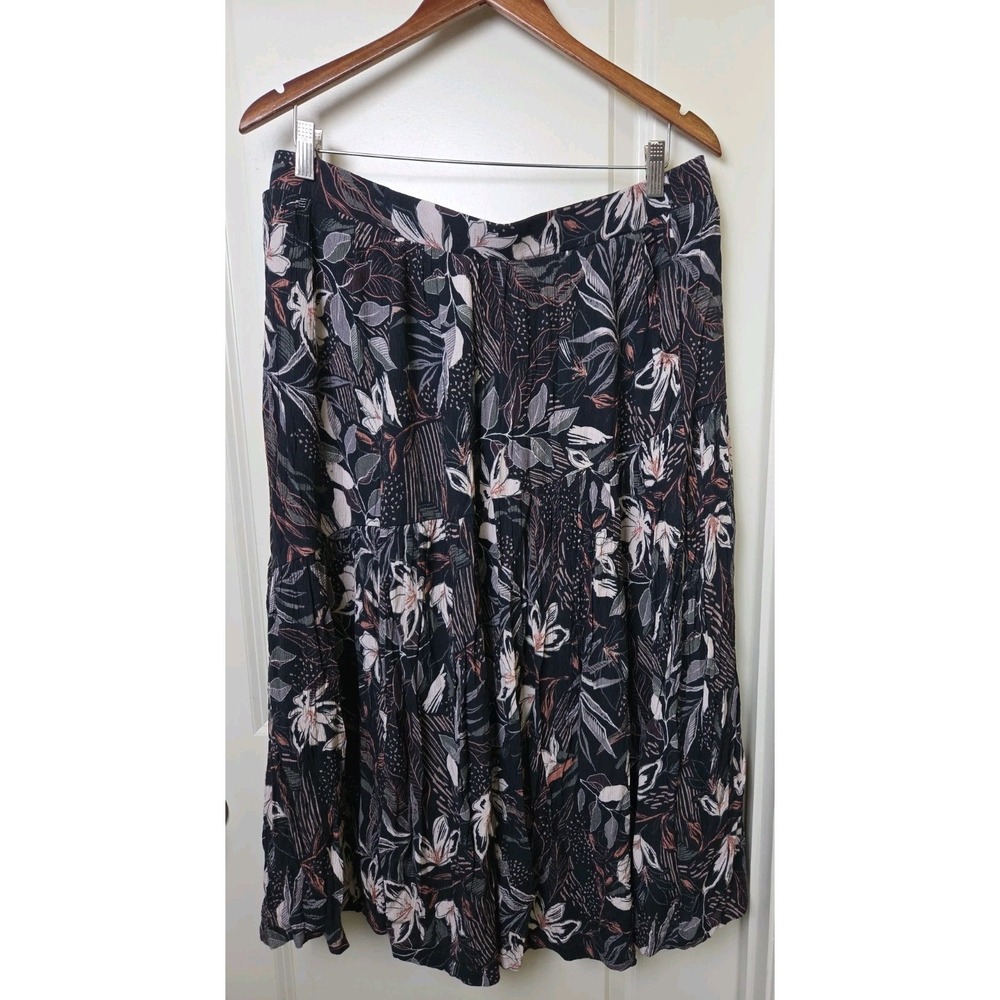 Garnet Hill Midi Skirt Blue Floral Leaf EcoVero Viscose Flowy Boho A-Line Sz L